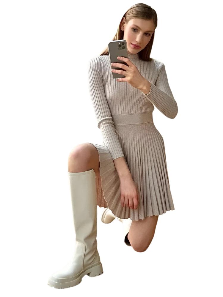 Turtleneck Knit Ruffled Mini Elegant High Waist Ribbed Skinny Knitwear Dress - JVMCL