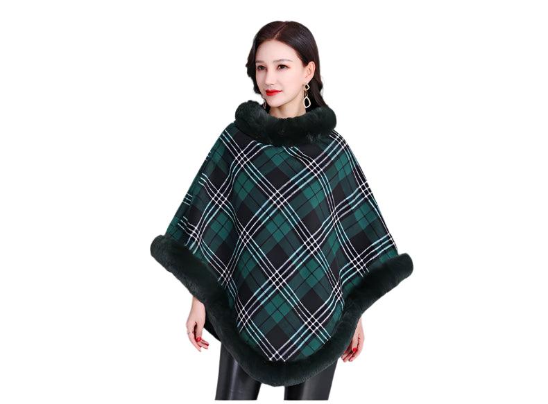 Party Outfit Grey Grid Winter Thick Warm Poncho with Faux Rabbit Fur Collar - JVMCL