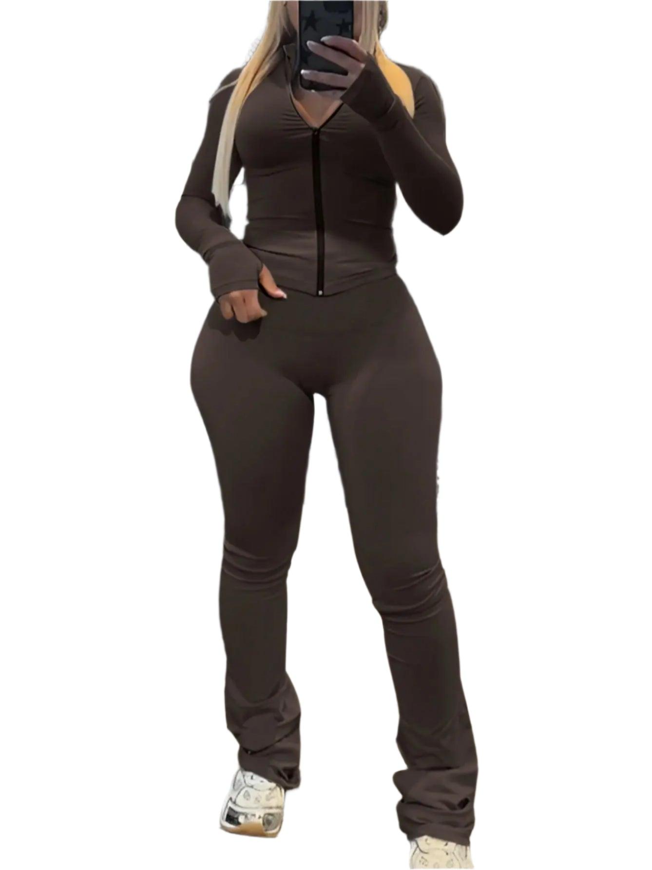 Weird Puss Tight 2-Piece Set – Women’s Full Sleeve Zip Crop Top & Leggings Tracksuit - JVMCL