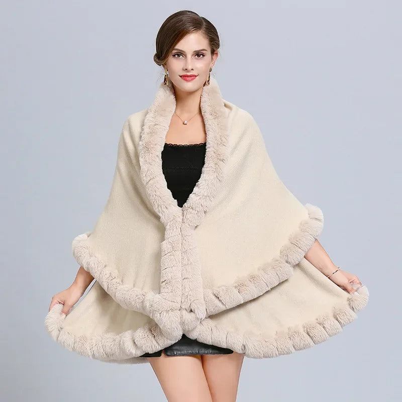 Elegant Outstreet Faux Fox Fur Collar Two-Layer Poncho Cape Cardigan Coat - JVMCL