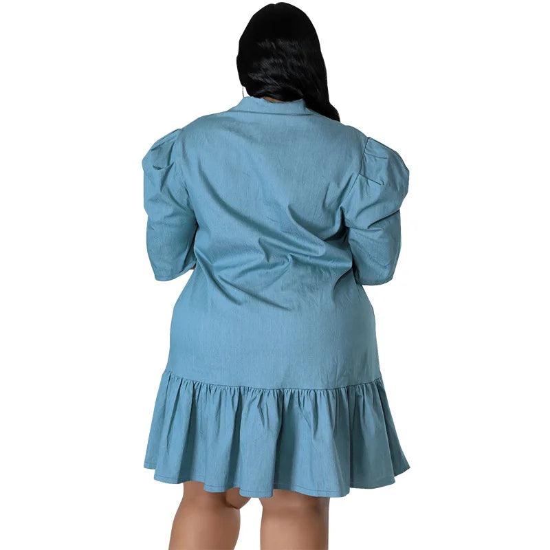 Plus Size Women’s Loose Casual Lapel Neck Short Sleeve Denim Mini Dress 3XL-5XL - JVMCL