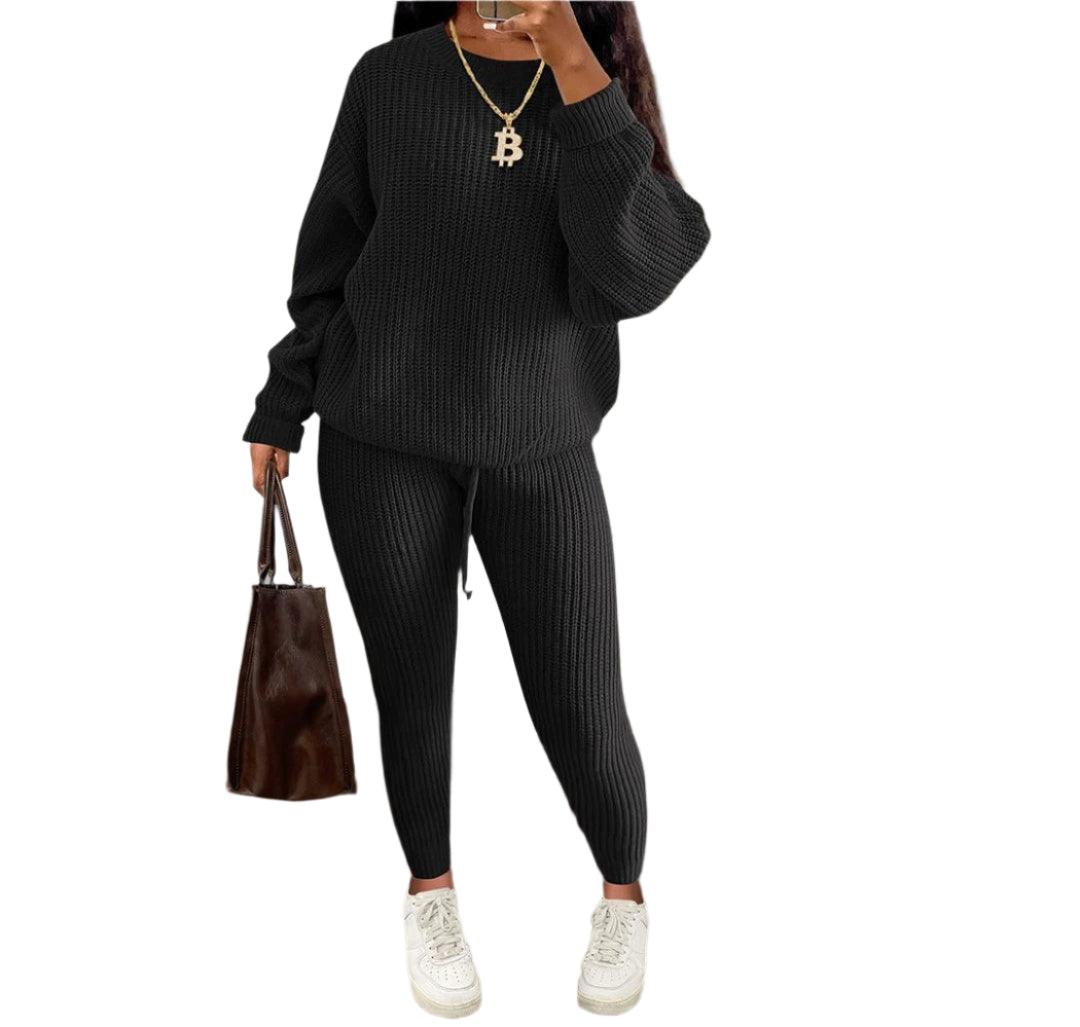 Two Piece Sets Fashion Round Neck Pullover Loose Knitted Sweater Pants Suits - JVMCL