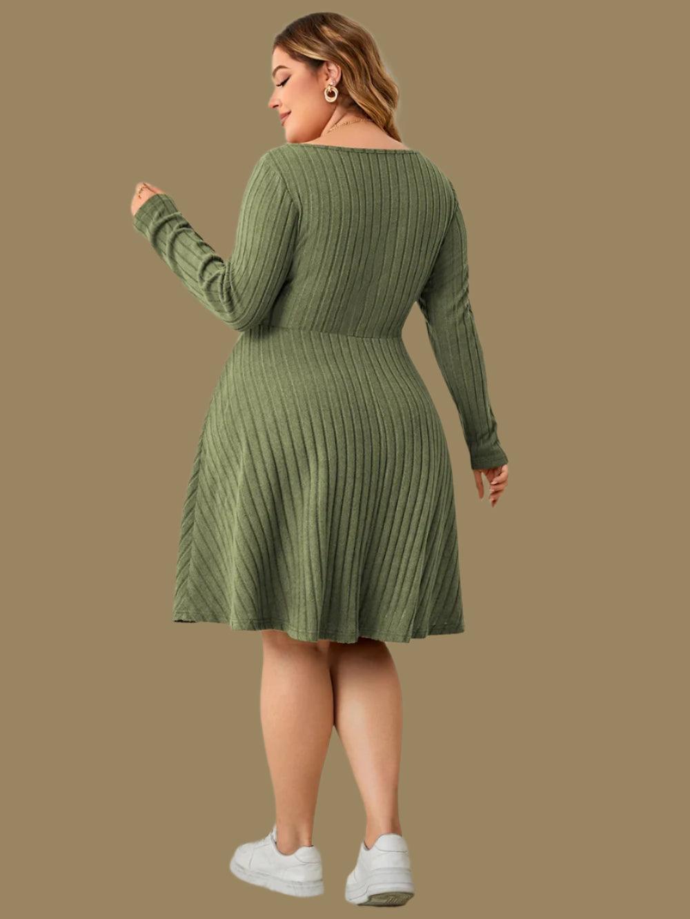 Long Sleeve Ribbed Plus Size Sweetheart Neck Knot Front A-Line Dress - JVMCL