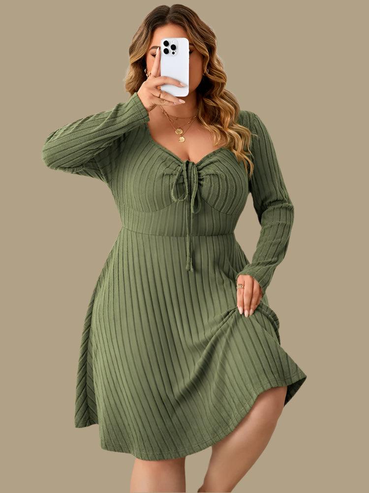 Long Sleeve Ribbed Plus Size Sweetheart Neck Knot Front A-Line Dress - JVMCL