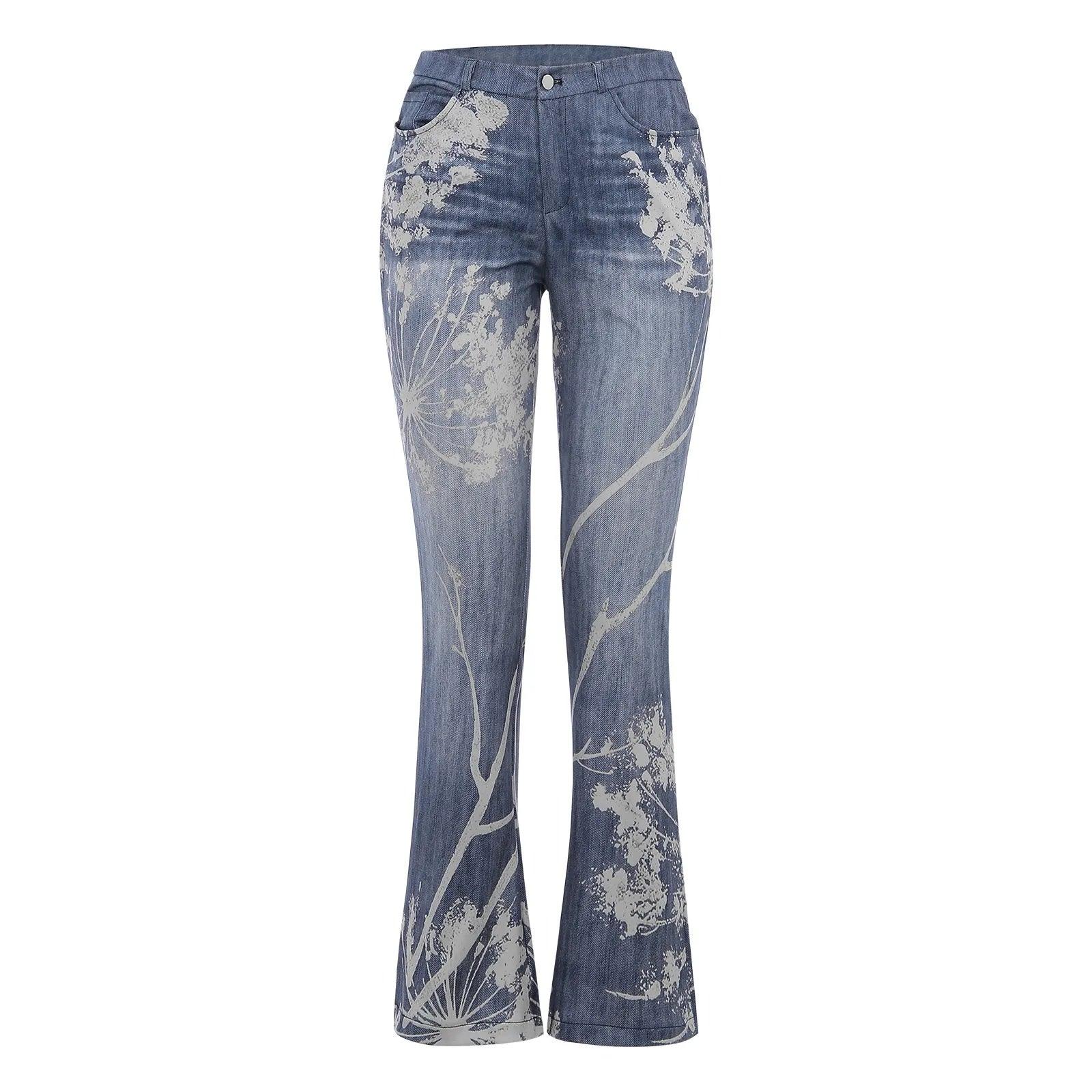 Elegant Floral Printed High-Waist Flare Jeans – Plus Size S-5XL - JVMCL