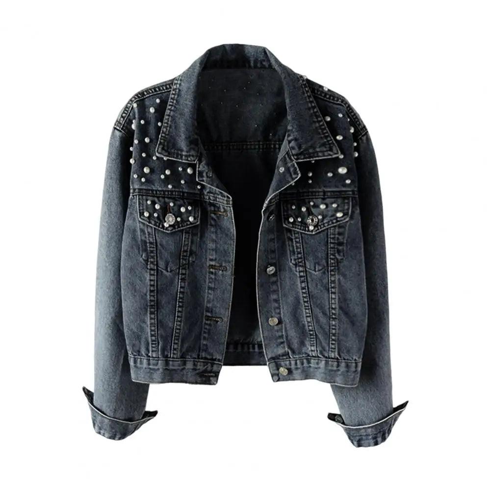 Autumn Fashion Women’s Denim Jacket - Pearl Decorated Loose Short Casual Cardigan - JVMCL