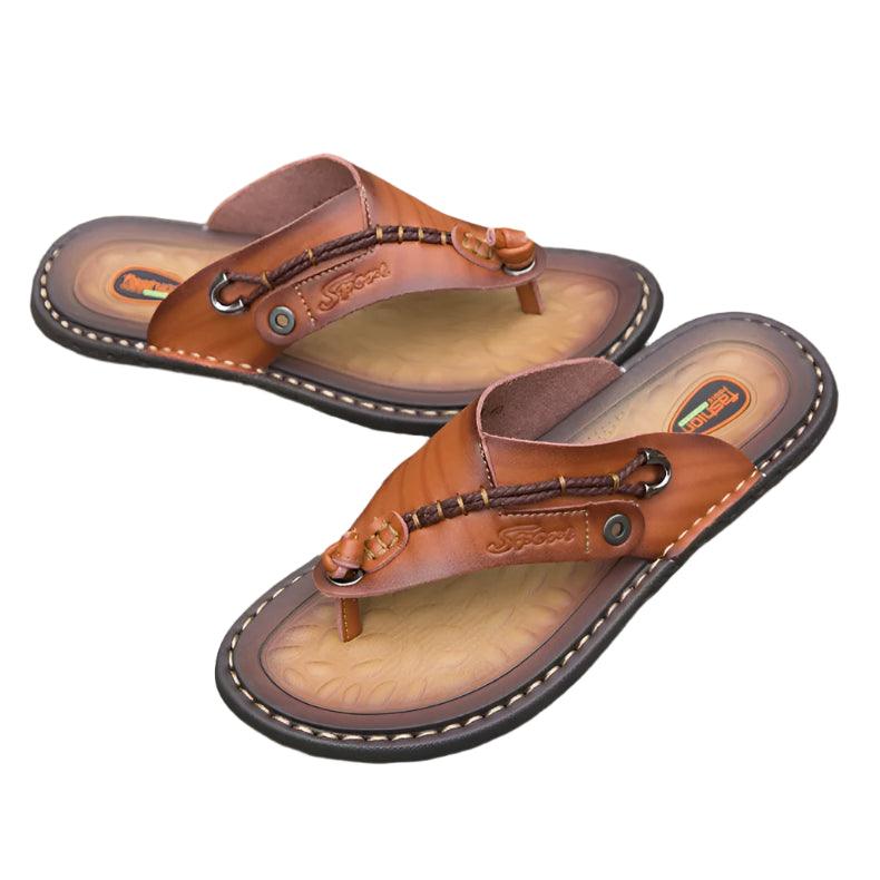 Handmade Leather Slippers Trendy Fashion Men's Flip-flops Outdoor Breathable Comfortable Men and Simple Sandals - JVMCL