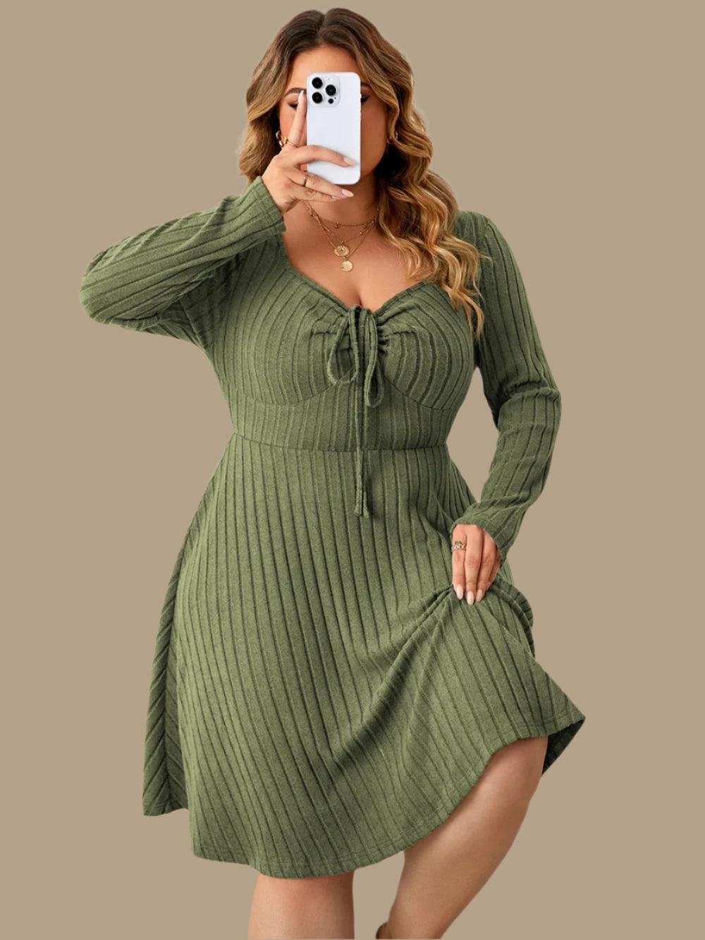 Long Sleeve Ribbed Plus Size Sweetheart Neck Knot Front A-Line Dress - JVMCL