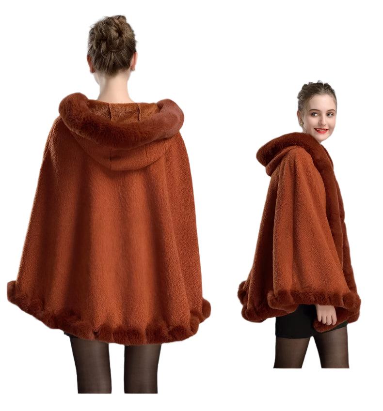 Luxury Winter Rabbit Fur Collar Poncho Cape – Elegant & Cozy Outstreet Mantle - JVMCL