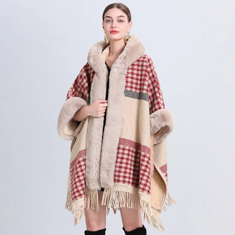 Hooded Thick Batwing Sleeve Faux Rabbit Fur Collar Velvet Cloak Tassel Poncho - JVMCL