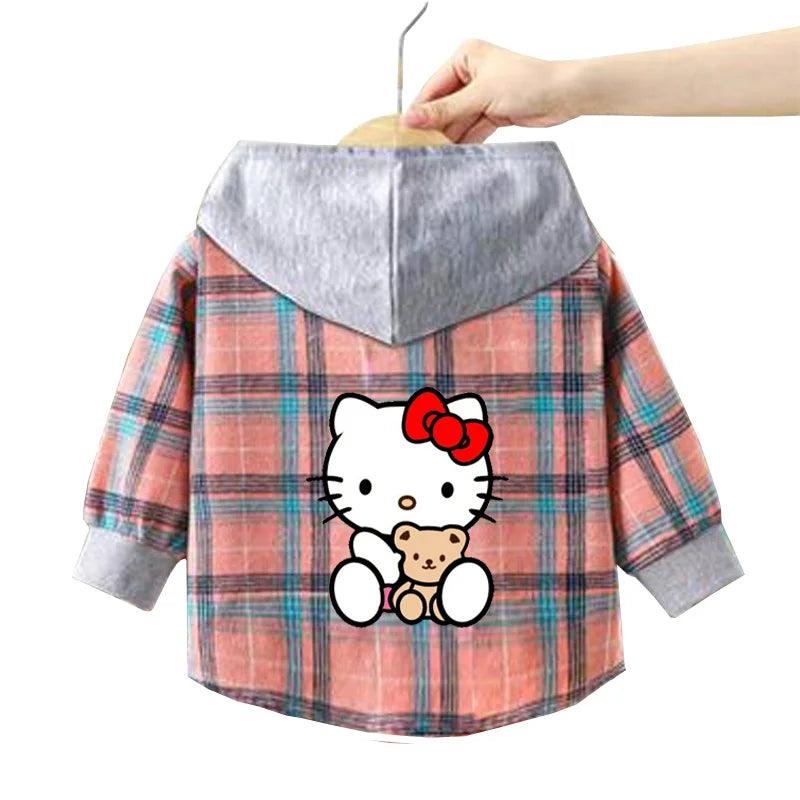 Kitty-Inspired Cute & Casual Hello Hooded Plaid Kids Shirt Outfit (1-12 Years) - JVMCL