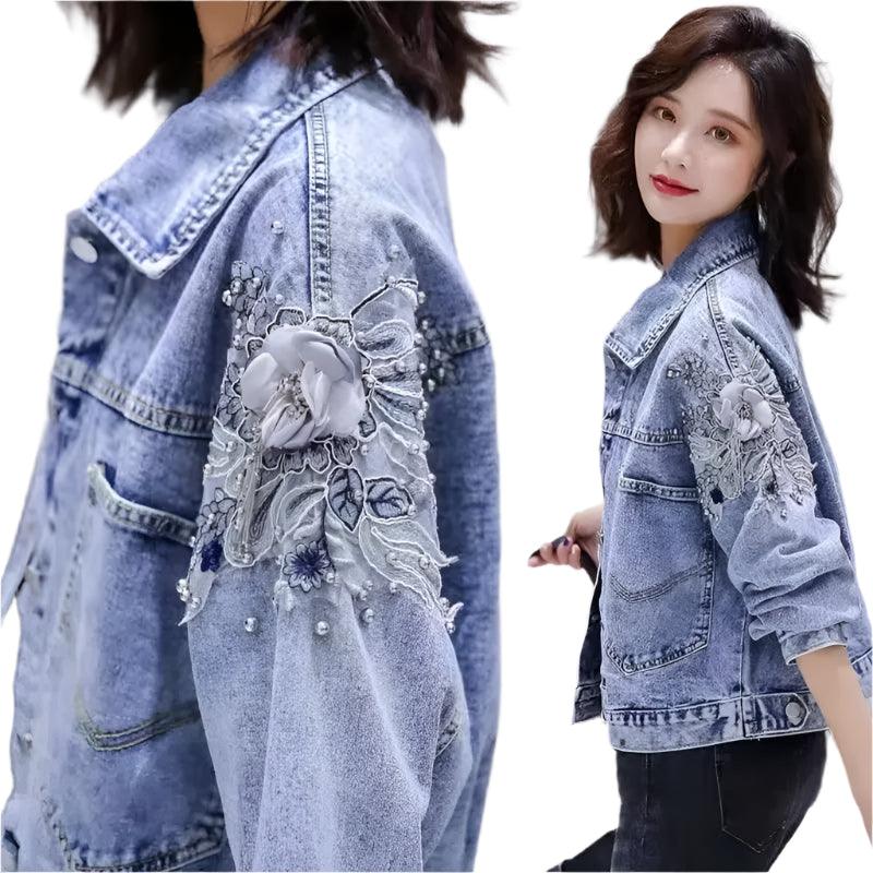 Small Embroidered Short Outerwear Denim with Beads & Pearls Jacket Jean Coat - JVMCL