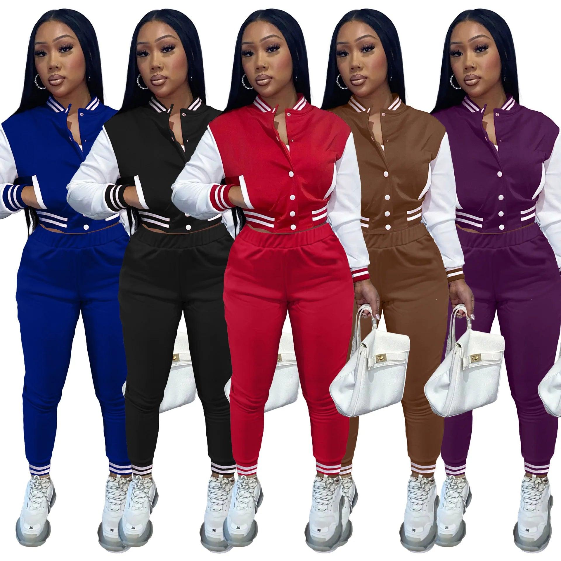 Color-Blocking Women's Two-Piece Baseball Jacket Suit - Casual Splicing Design - JVMCL