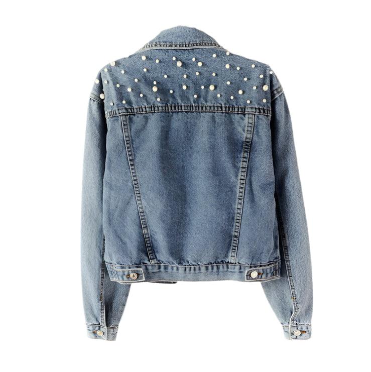 Sleek Style Spring and Autumn Short Denim Beaded Pear Denim Loose Jacket - JVMCL