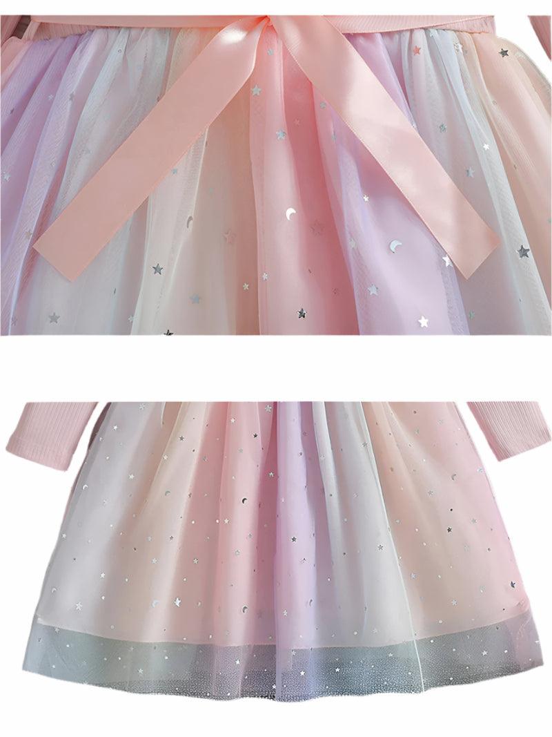 Enchanting Starry Sky Sequin Mesh Dress – Long-Sleeved Bow Dress for Girls - JVMCL