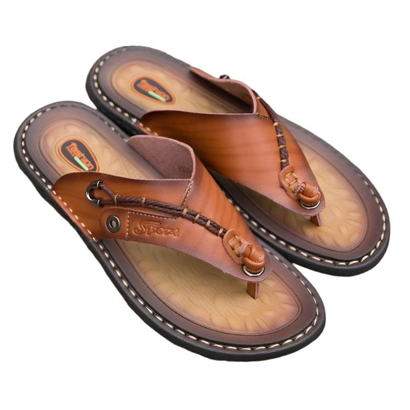 Handmade Leather Slippers Trendy Fashion Men's Flip-flops Outdoor Breathable Comfortable Men and Simple Sandals - JVMCL