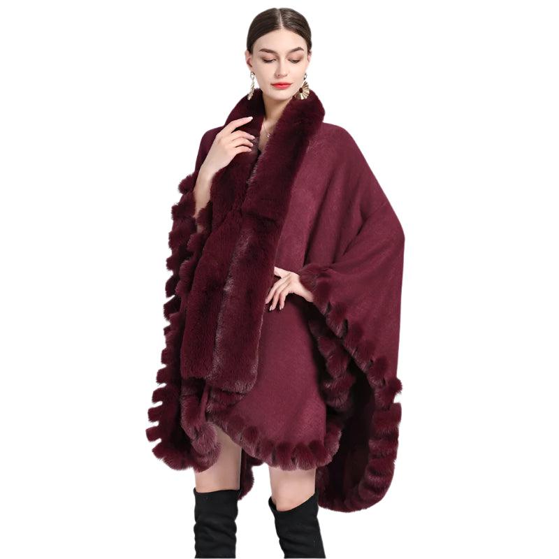 Women's Winter Thicken Shawl - Faux Rabbit Fur Long Poncho Cape Cloak - JVMCL