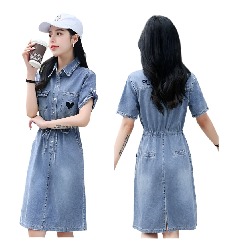 Women's Summer Slim Fit Lace-Up Single-Breasted Midi Denim Shirt Dress