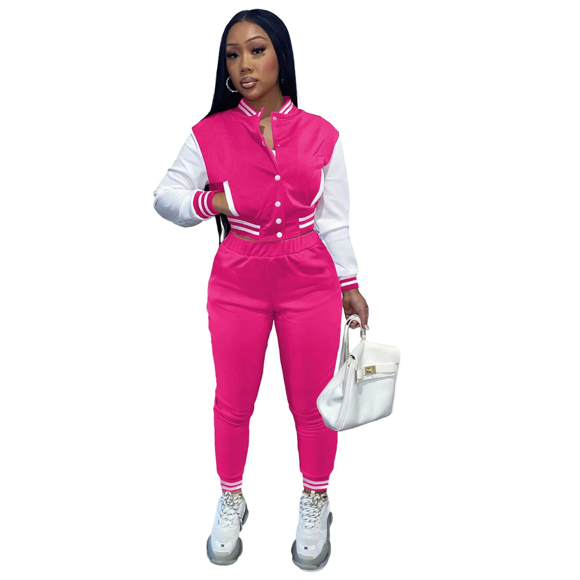 Autumn Two-Piece Women's Sports Suit - Baseball Jacket and Drawstring Pants - JVMCL