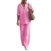 Elegant Long Sleeve Shirt & Wide-Leg Pants Women's Cotton 2-Piece Suit Set - JVMCL