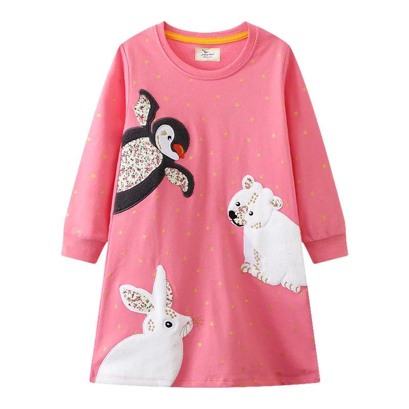 Adorable Animal Applique Princess Dress – Long Sleeve Girls' Party & School Outfit - JVMCL