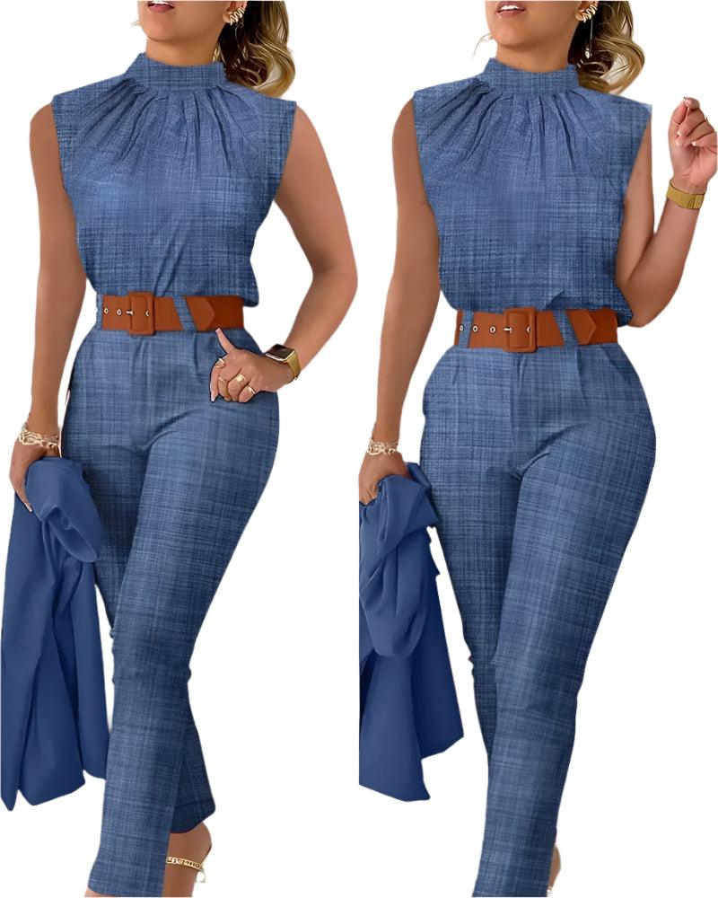 Elegant Summer Denim Blue 2-Piece Set – Stand Collar Sleeveless Top & High-Waist Pants - JVMCL