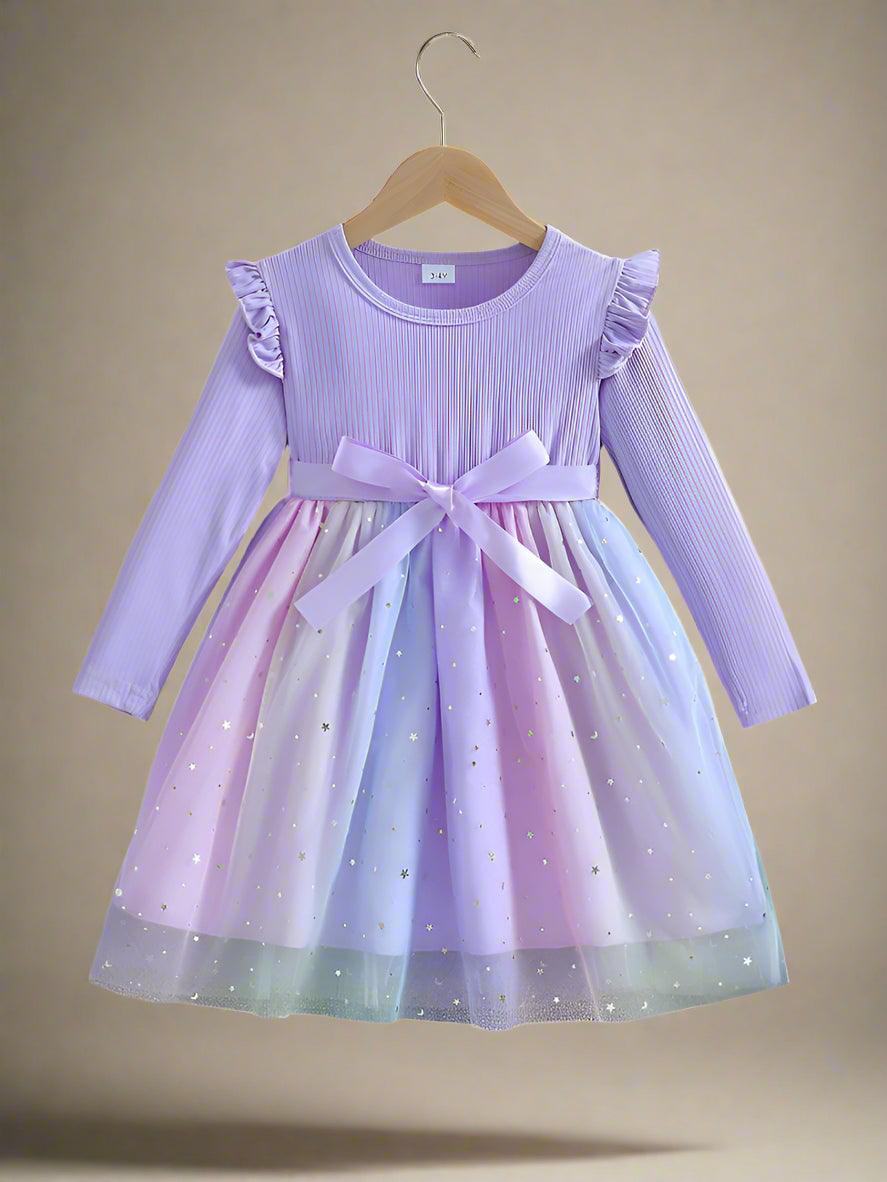 Enchanting Starry Sky Sequin Mesh Dress – Long-Sleeved Bow Dress for Girls - JVMCL