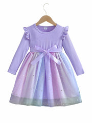 Enchanting Starry Sky Sequin Mesh Dress – Long-Sleeved Bow Dress for Girls - JVMCL