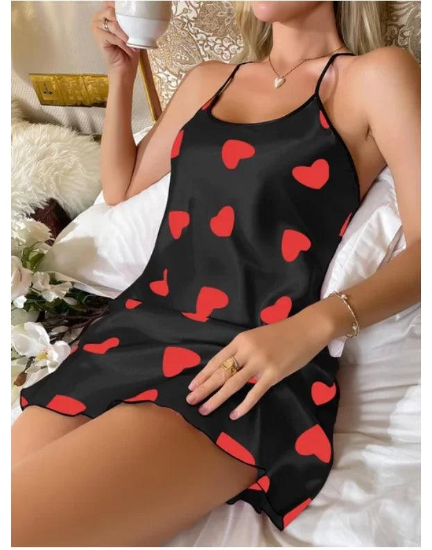 Heart Print Criss-Cross Back Nightdress - Elegant Scoop Neck Sleepwear for Women - JVMCL