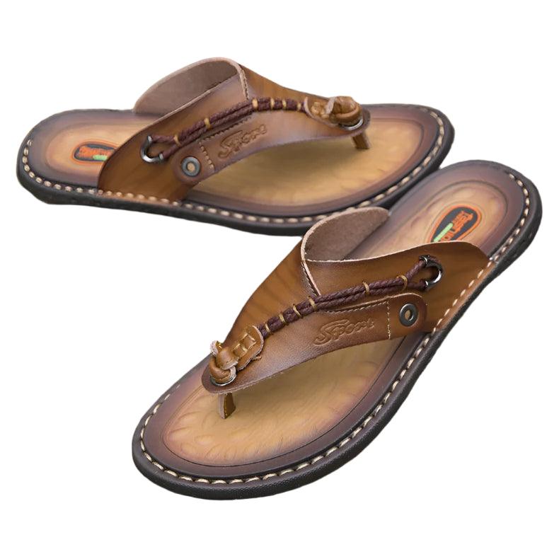 Handmade Leather Slippers Trendy Fashion Men's Flip-flops Outdoor Breathable Comfortable Men and Simple Sandals - JVMCL