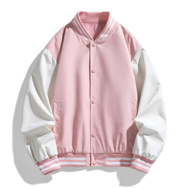 Pink Women Bomber Jackets Fall Winter Fashion Baseball Uniform Oversized Coats - JVMCL