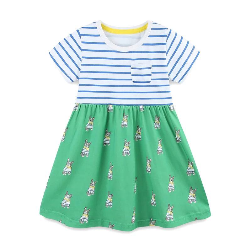 Adorable Bees Applique Striped Princess Dress – Summer Cotton Frock for Girls - JVMCL