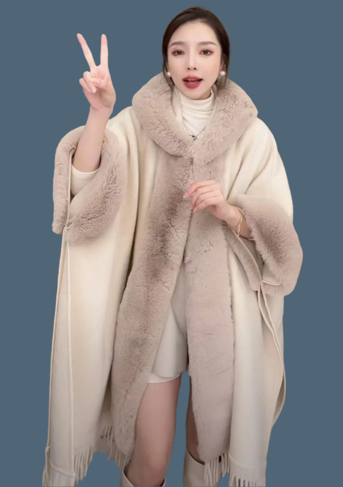 Hooded Thick Batwing Sleeve Faux Rabbit Fur Collar Velvet Cloak Tassel Poncho - JVMCL