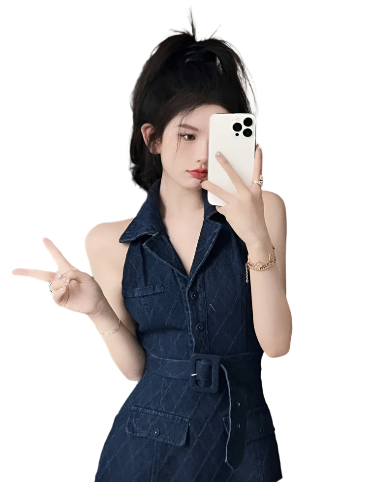 Women’s Retro Off-Shoulder Denim Mini Dress – Chic & Elegant Summer Style