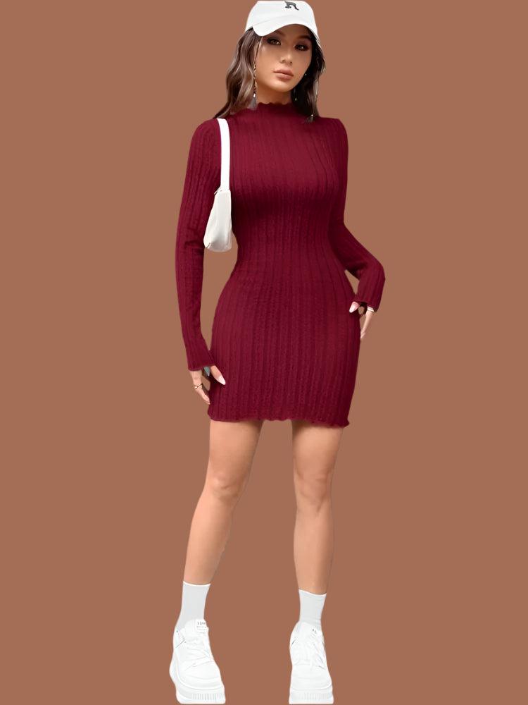 Sexy Slim-Fit Long Sleeve High Street Knitted Turtleneck Bodycon Mini Dress - JVMCL