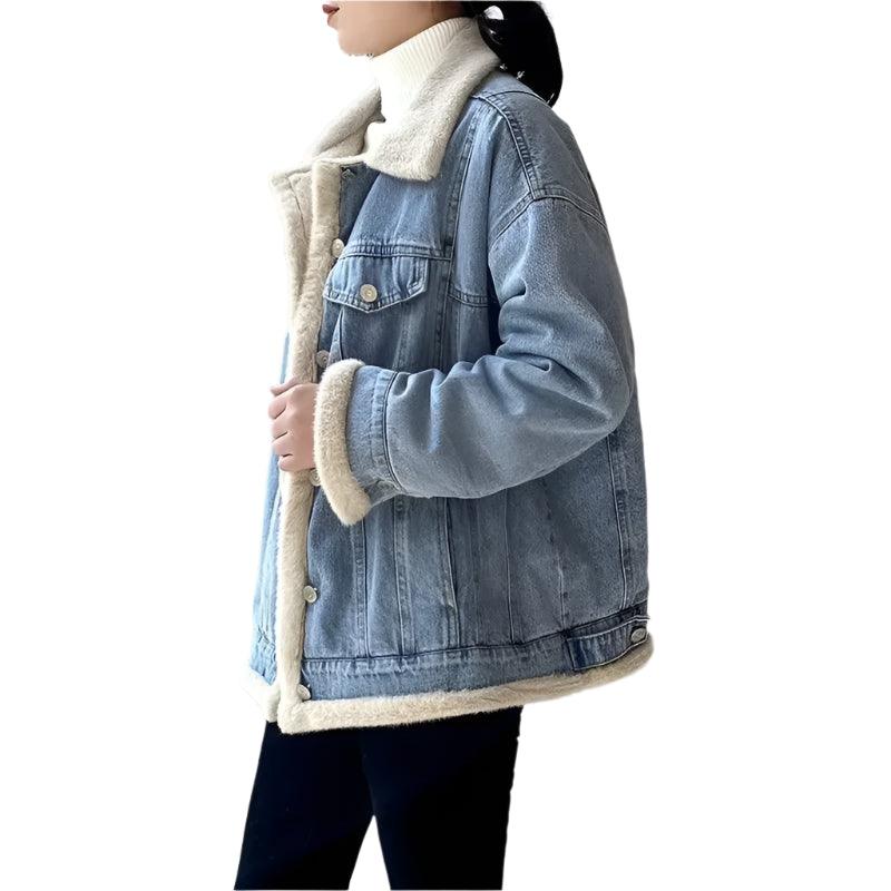 Women’s Winter Patchwork Padded Denim Jacket – Fur Plush Warm Jean Coat - JVMCL