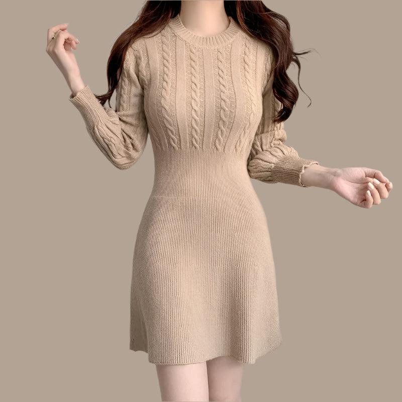 Chic Feminine Korea Winter Spring Women Office Lady O-Neck Knitted Sweater Dress - JVMCL