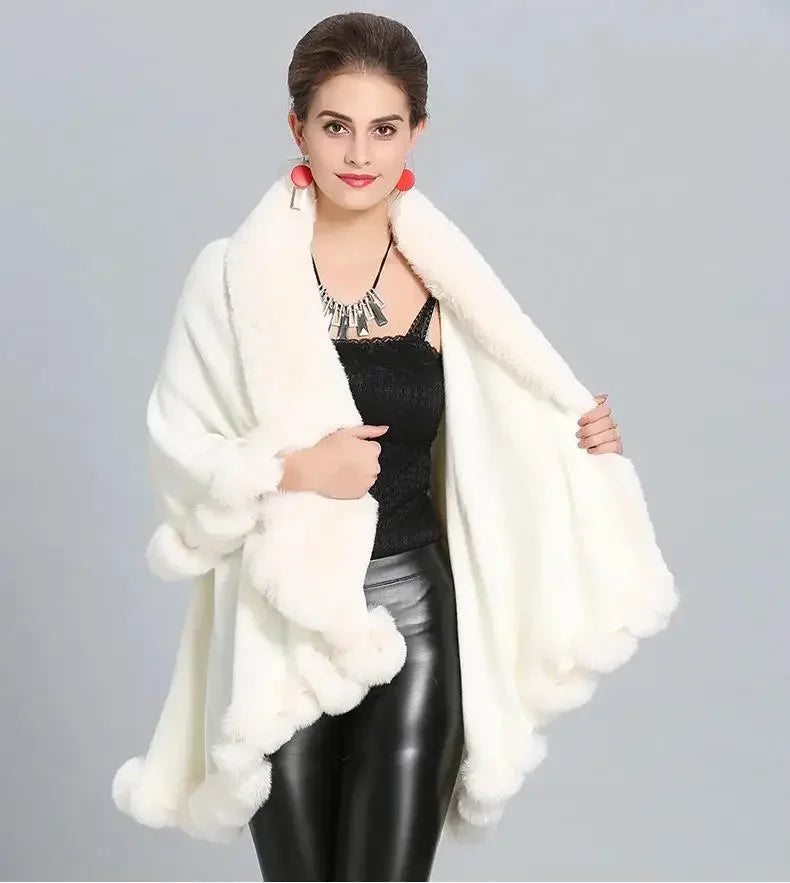 Women's Winter Knitted Poncho Cloak – Faux Rex Rabbit Fur Collar Pashmina Wrap