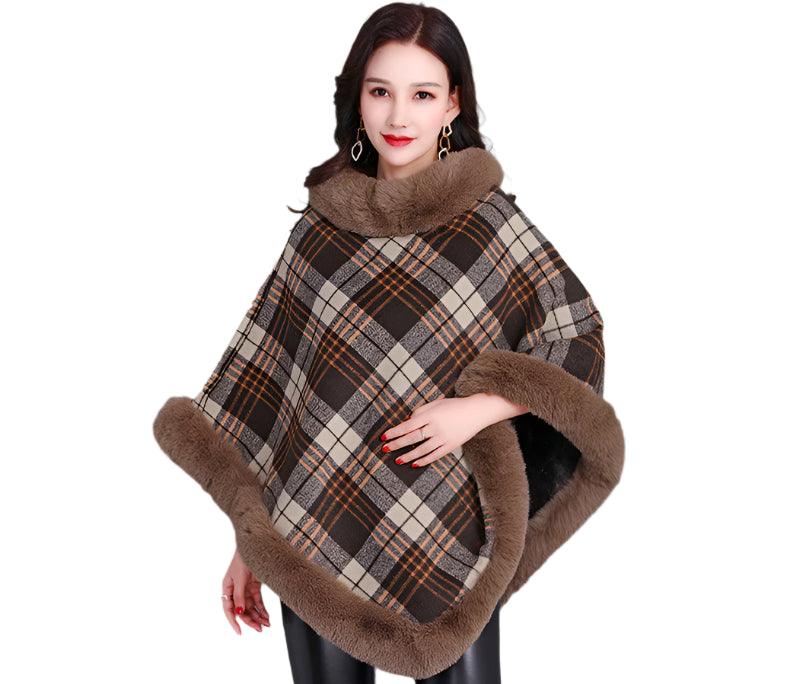 Party Outfit Grey Grid Winter Thick Warm Poncho with Faux Rabbit Fur Collar - JVMCL