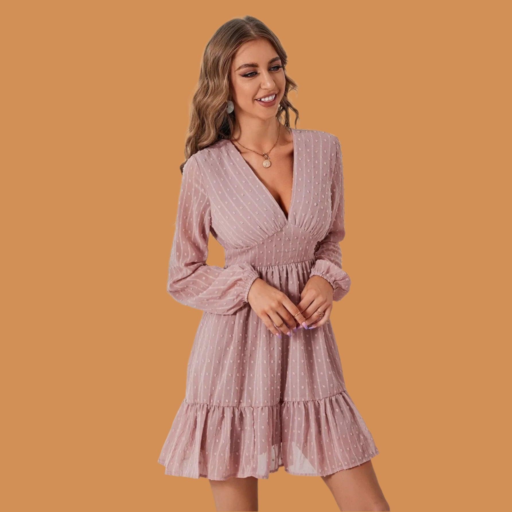 Lantern Sleeve Solid Color Long Sleeve V-Neck High Waist Women's Short Dress - JVMCL