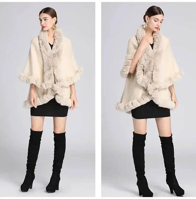 Women's Winter Knitted Poncho Cloak – Faux Rex Rabbit Fur Collar Pashmina Wrap