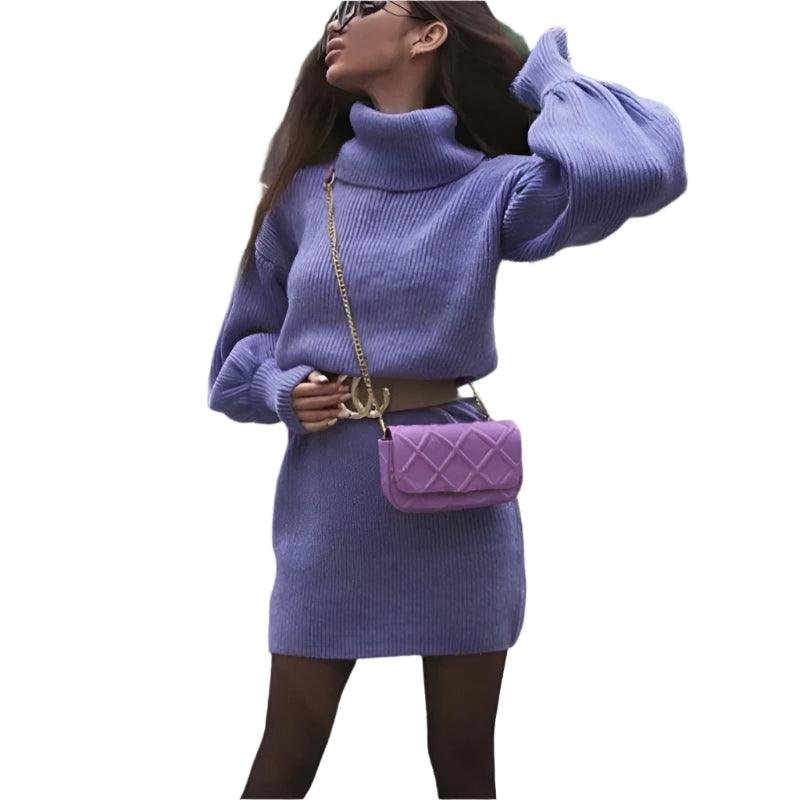 French Gentle Style High Collar Waist-Slimming Rib Knit Bottoming Purple Dress - JVMCL