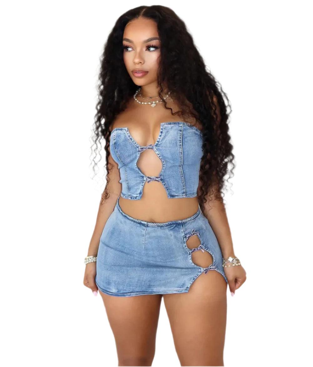 Women Set: Sleeveless Denim Strapless Tops and Mini Skirt Suits - JVMCL