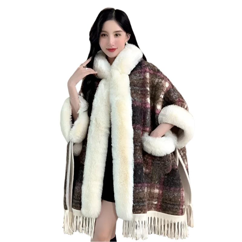 Hooded Overcoat Plaid Faux Lamb Fur Women’s Long Thick Velvet Poncho Cloak - JVMCL