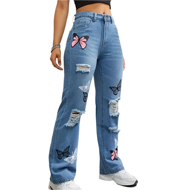 Women’s High-Waist Appliqué Straight-Leg Jeans – Trendy Streetwear Denim - JVMCL