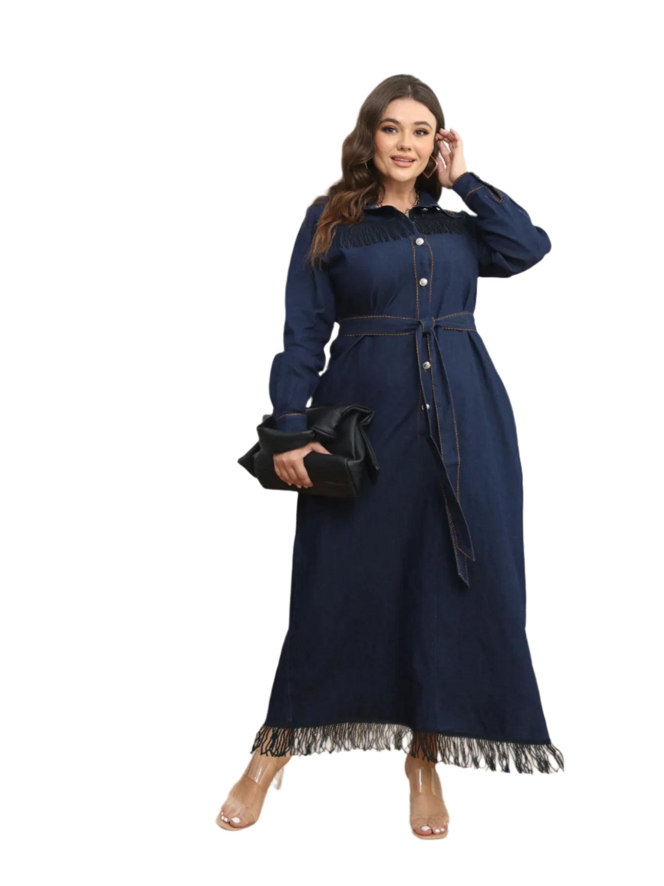 Women’s A-Line Loose-Fit Casual Plus Size Denim Fringe Ruffle Dress