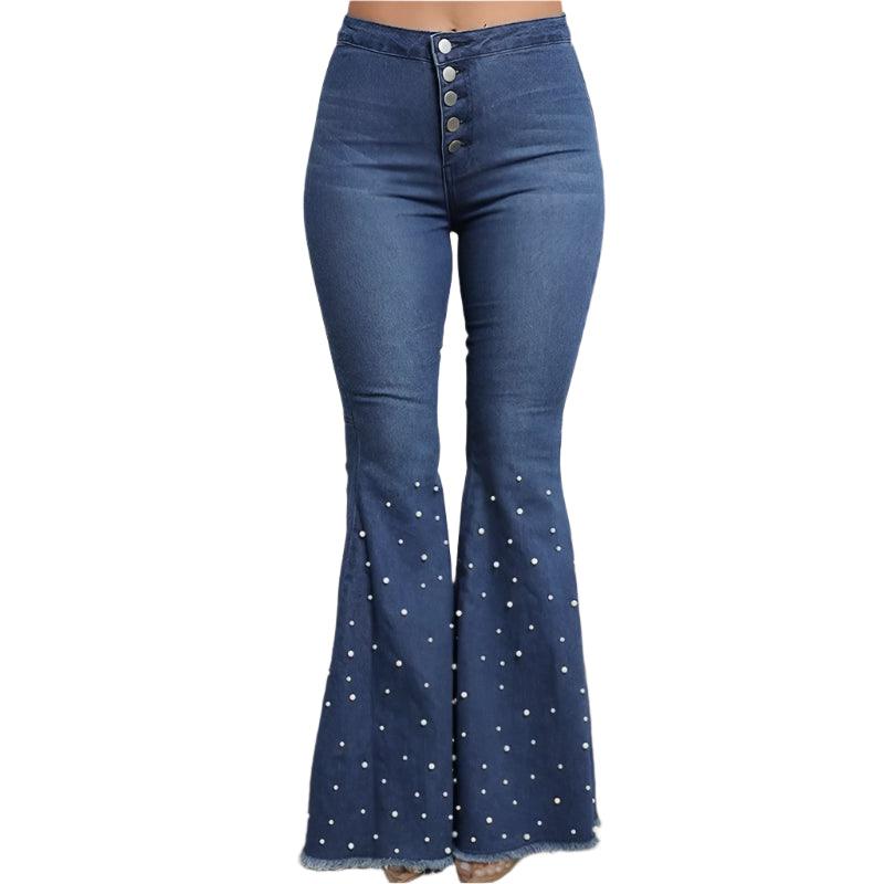 High-Waist Beaded Flared Denim Jeans – Stretchy & Stylish Streetwear - JVMCL