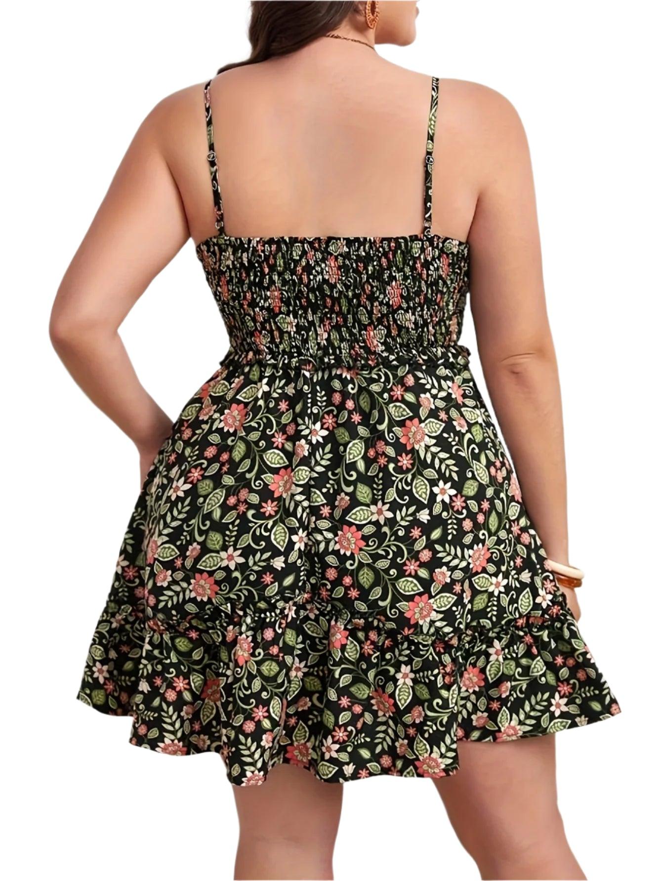 Plus Size Floral Print Ruffle Sling Dress - Elegant Summer Vacation Dress - JVMCL