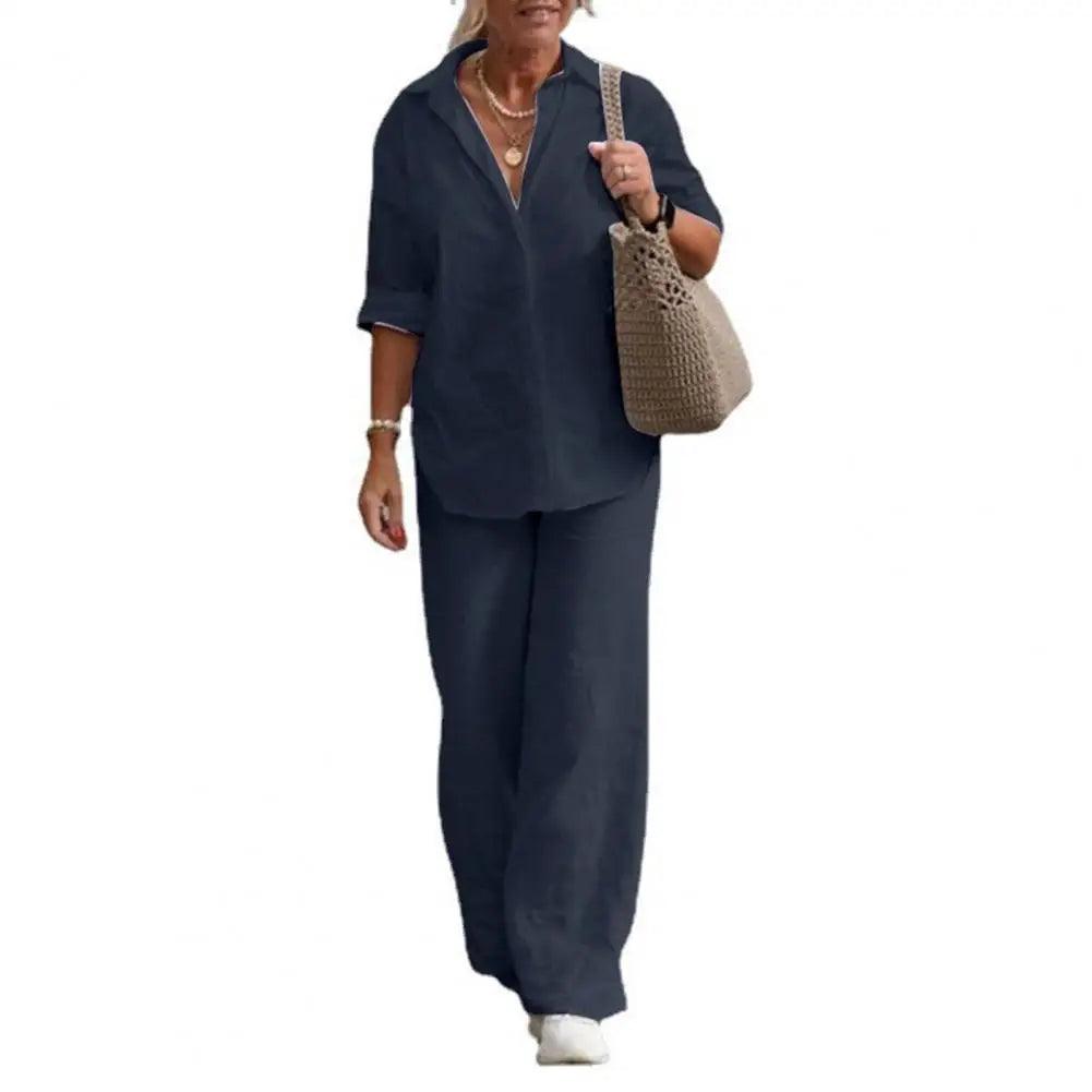 Elegant Long Sleeve Shirt & Wide-Leg Pants Women's Cotton 2-Piece Suit Set - JVMCL