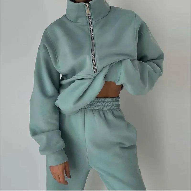 Comfortable Fashion Tracksuit Set – Warm Two-Piece Half-Open Collar Home Suit - JVMCL